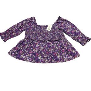 Crown & Ivy Womens Top Purple Floral Size XXL Smocked 3/4 Sleeve Blouse NWT